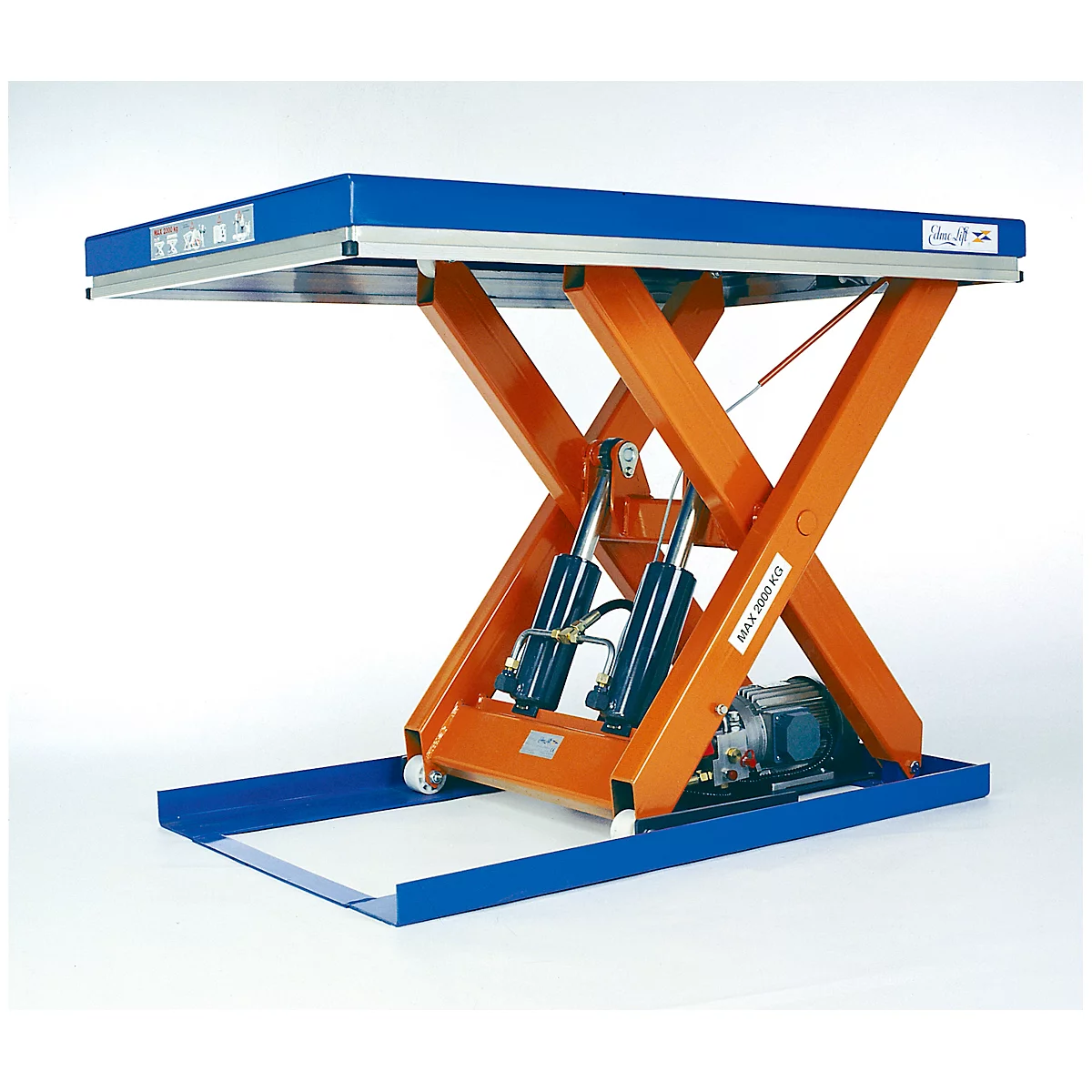 Lift table, orange scissor structure, blue work surface and base, against a white background.