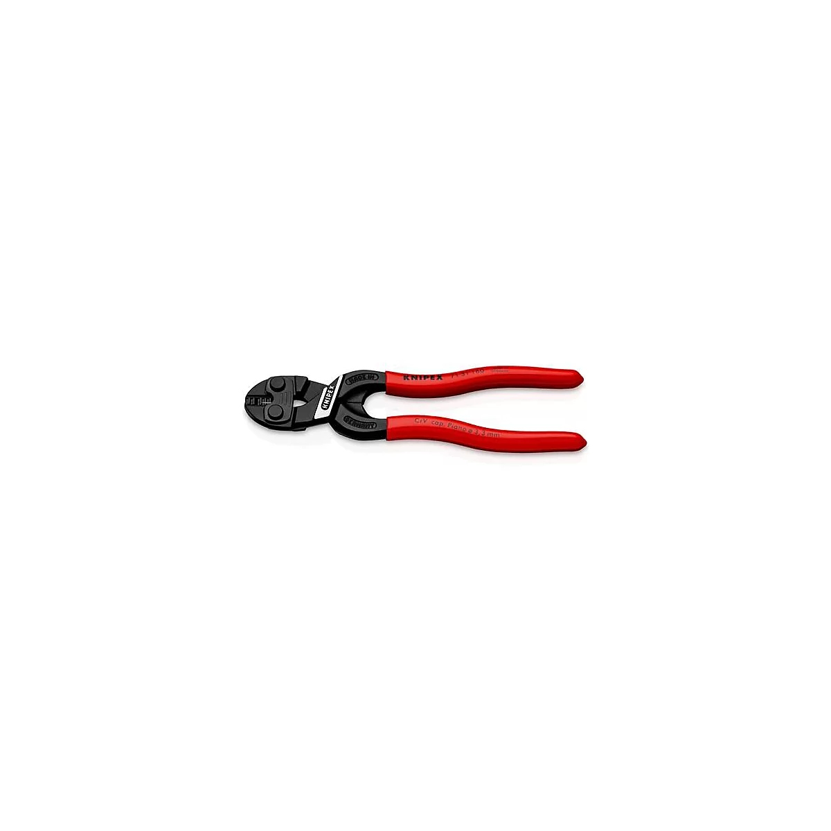 Een rode en zwarte boutscharen tang van het merk Knipex. Op de handgrepen zijn letters te zien.