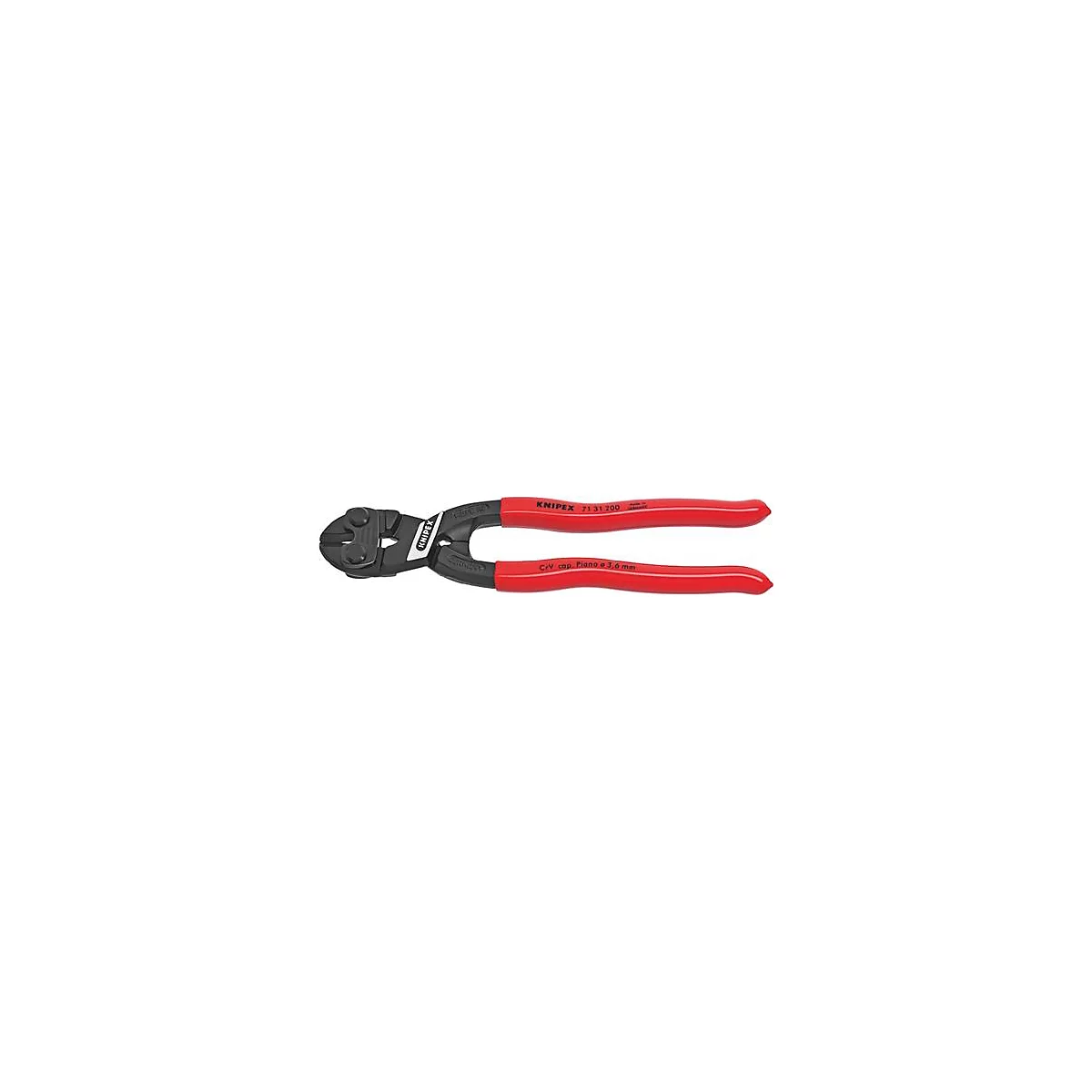 Rode en zwarte Knipex boutensnijder. Opschrift: Knipex 71 31 200. C/V max. Piano 3,6 mm.