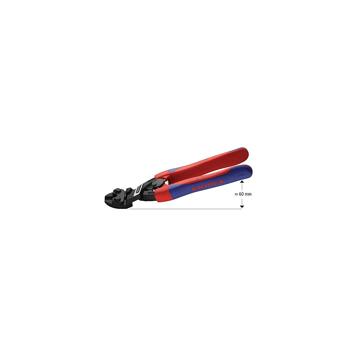 Zijkniptang met rode en blauwe handgrepen, Knipex-logo, afmeting ca. 60 mm.