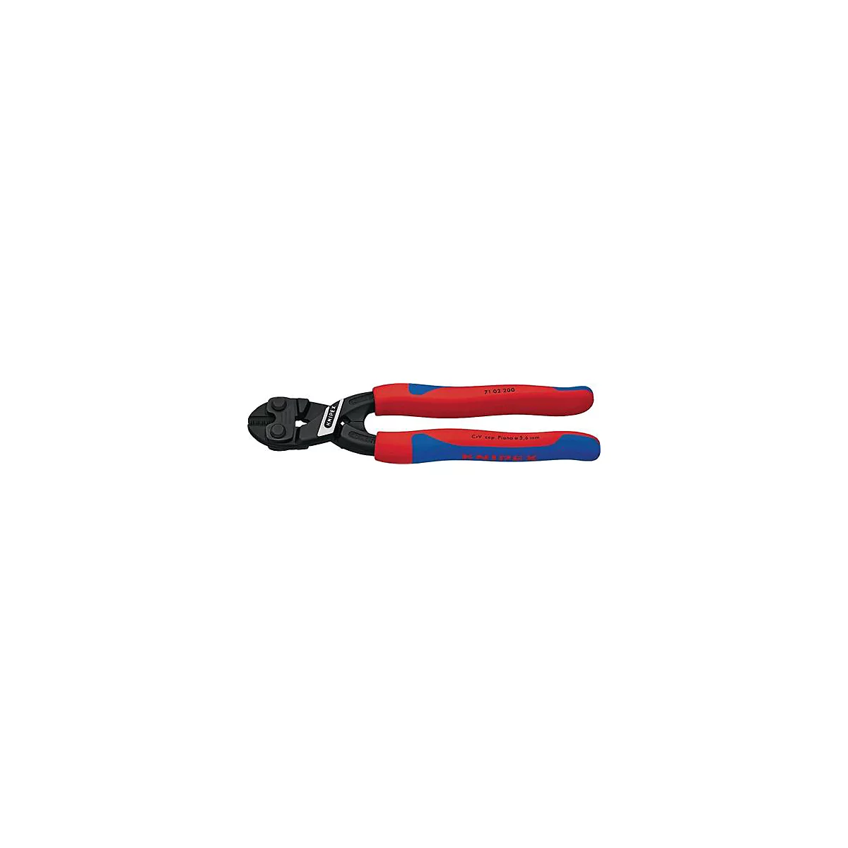 Knipex boutscharen met rood/blauwe handvatten. Opschrift: 71 02 200 en CrV, vezel 3,6 mm.