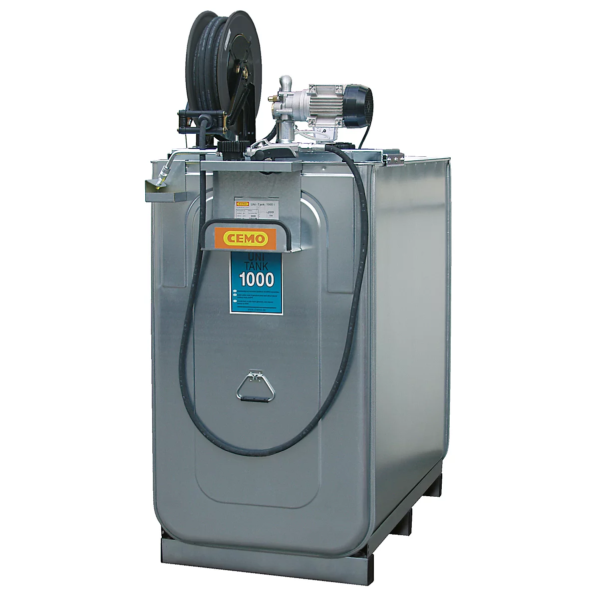 Compacte smeermiddelunit CEMO ECO UNI 1000, elektrische pomp voor verse olie, 15 m slang, open haspel