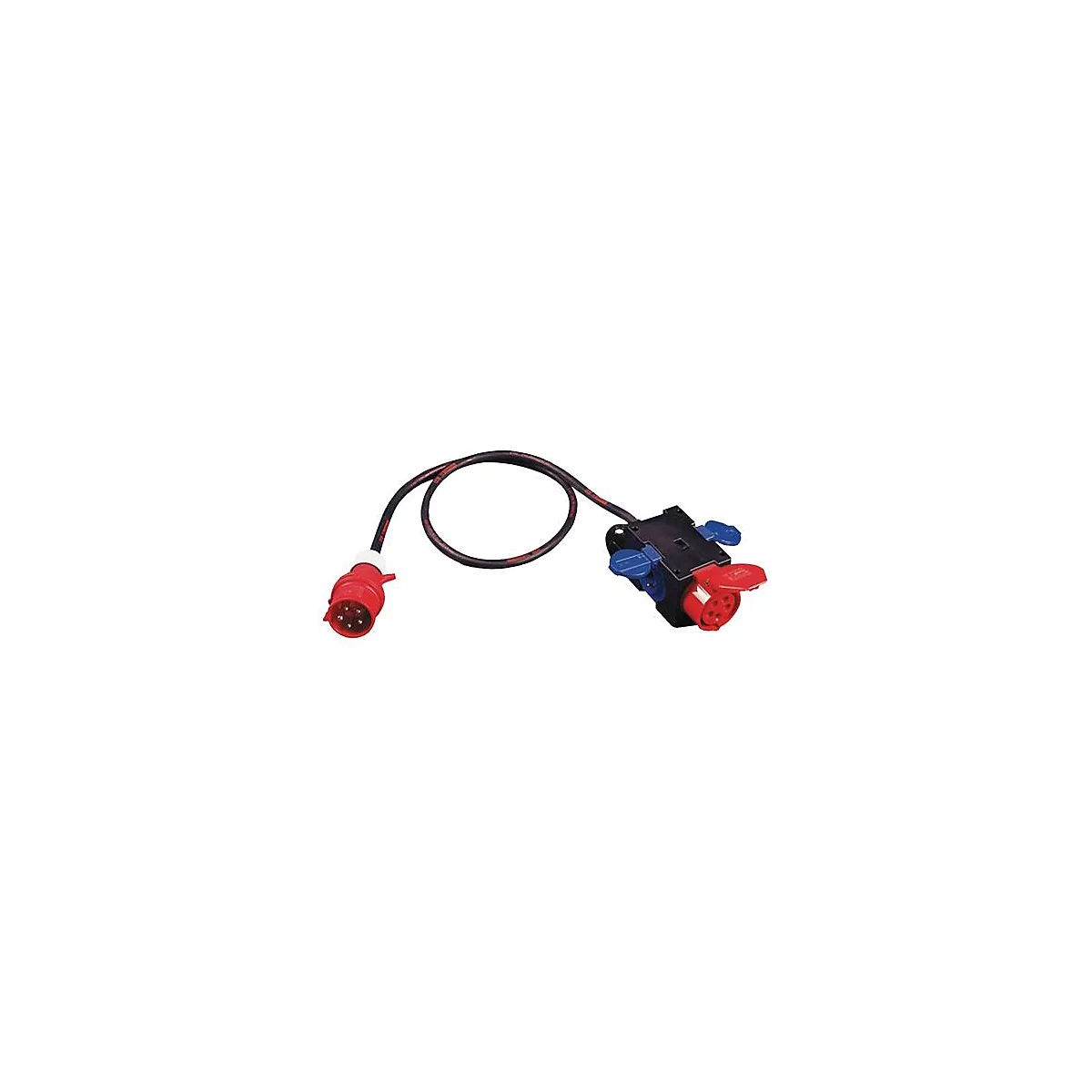 Een rode stekker met kabel verbonden met een zwart stopcontact met blauwe grendels.