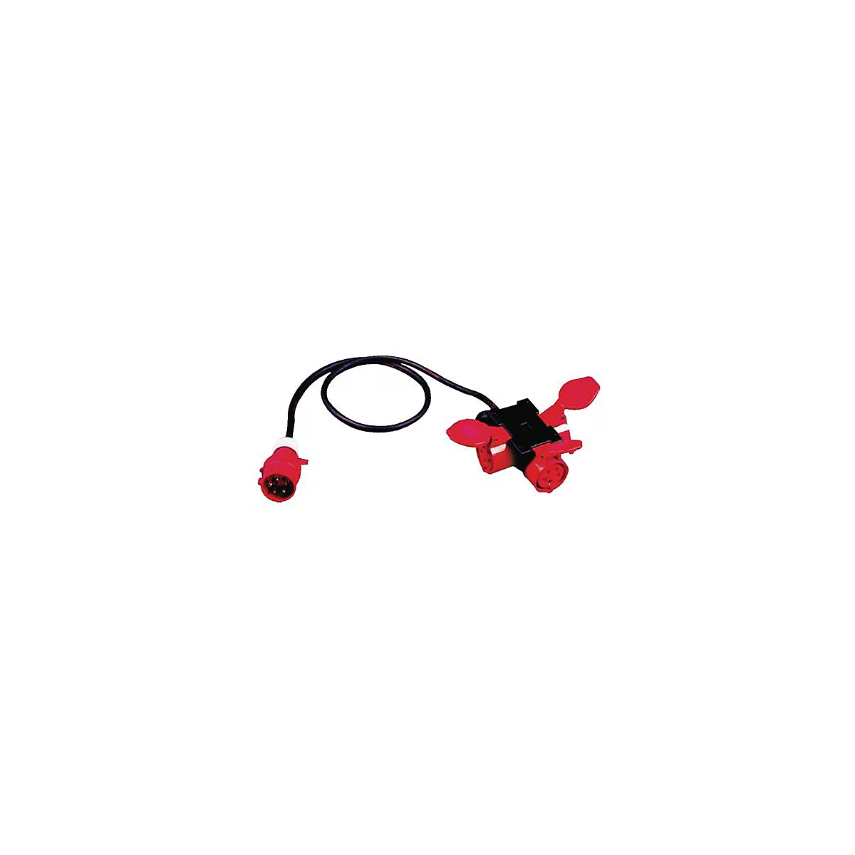 Een rode stekker met kabel, en een zwart en rood tegenstuk. De stekkers zijn bedoeld voor het aansluiten van stroomkabels.
