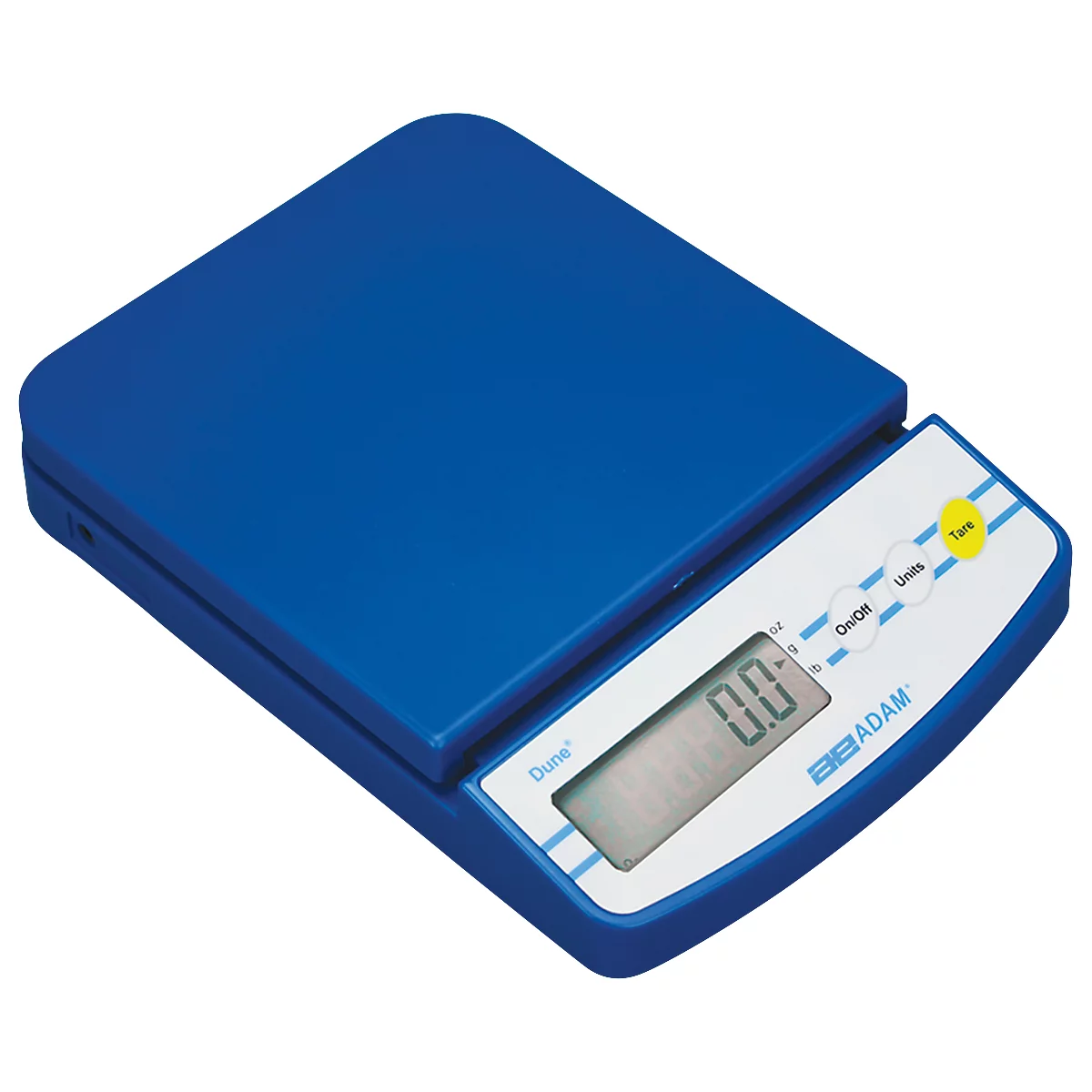 Blauwe digitale weegschaal met "0.0" display. Knoppen: "On/Off", "Tare", "Units". Merk: ADAM.