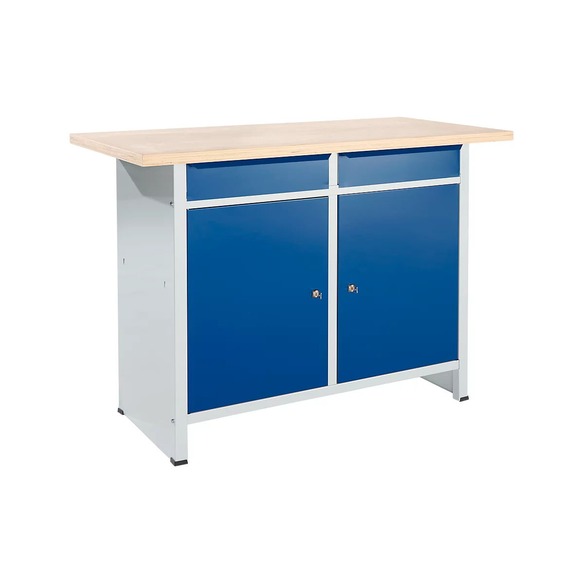 Compacte werkbank Easy met 2 scharniere vleugeldeuren en 2 schuifladen, B 1400 x D 600 x H 840 mm, grijs/gentiaanblauw