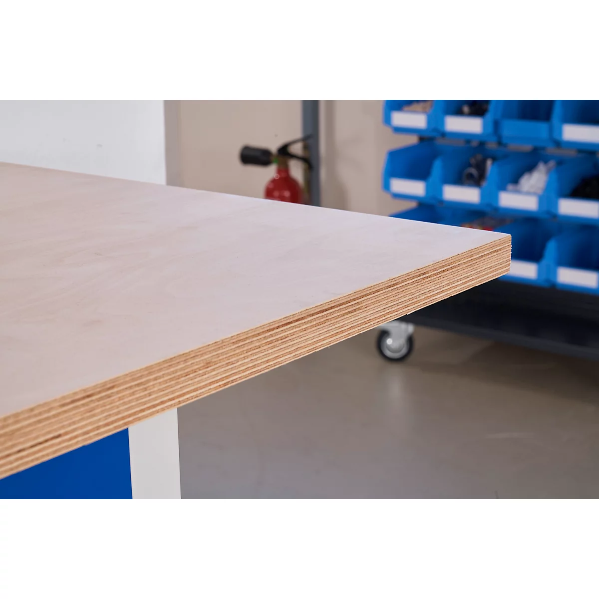 Compacte werkbank Easy met 2 scharniere vleugeldeuren en 2 schuifladen, B 1400 x D 600 x H 840 mm, grijs/gentiaanblauw