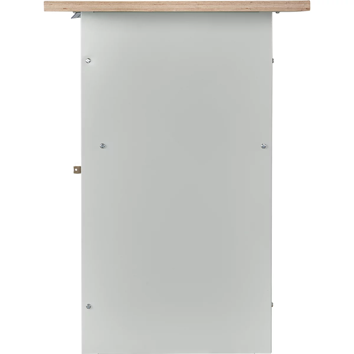 Compacte werkbank Easy met 2 scharniere vleugeldeuren en 2 schuifladen, B 1400 x D 600 x H 840 mm, grijs/gentiaanblauw