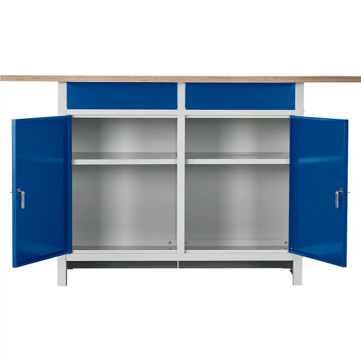 Compacte werkbank Easy met 2 scharniere vleugeldeuren en 2 schuifladen, B 1400 x D 600 x H 840 mm, grijs/gentiaanblauw