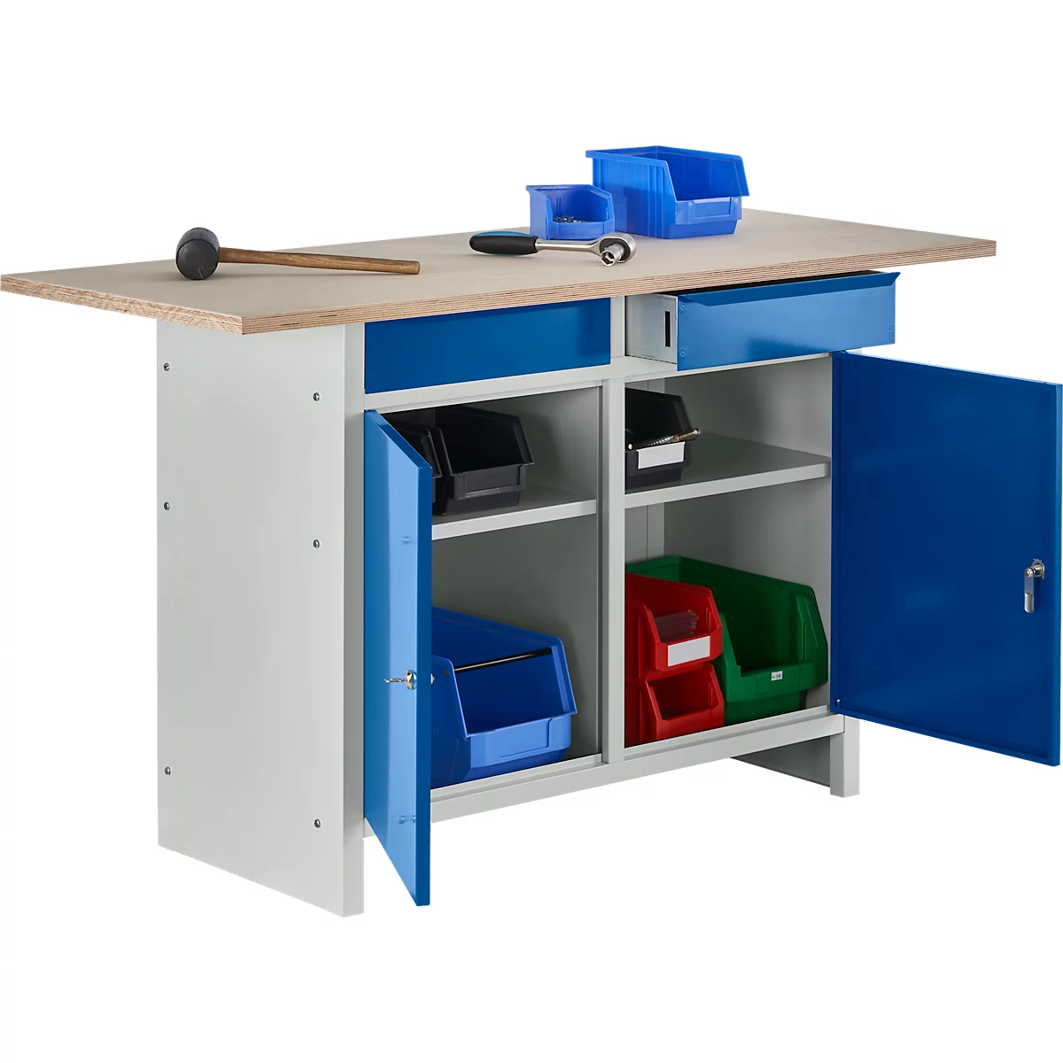 Compacte werkbank Easy met 2 scharniere vleugeldeuren en 2 schuifladen, B 1400 x D 600 x H 840 mm, grijs/gentiaanblauw