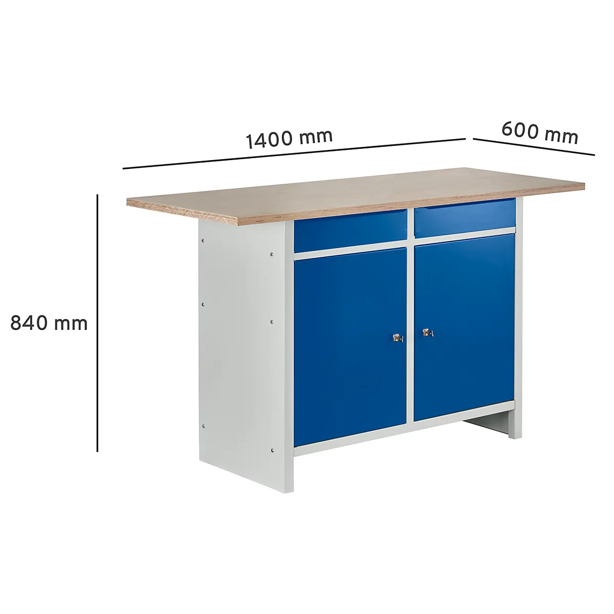 Compacte werkbank Easy met 2 scharniere vleugeldeuren en 2 schuifladen, B 1400 x D 600 x H 840 mm, grijs/gentiaanblauw