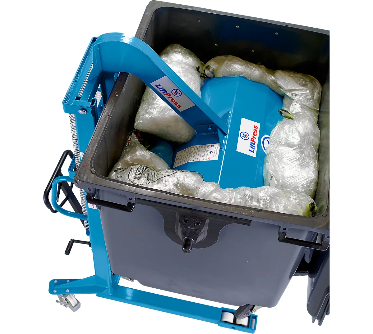 Compacteur de déchets HanseLifter® LiftPress LP1100, y compris gerbeur SDJ  1016, pour conteneurs à déchets standard d'un volume de 800 à 1100 l,  certifié CE à prix avantageux