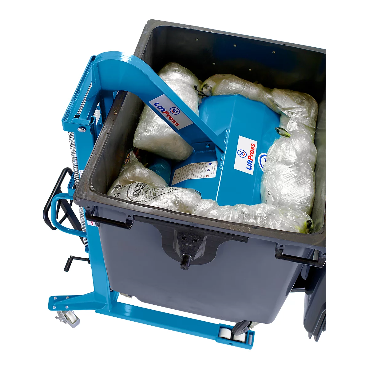 Compacteur de déchets HanseLifter® LiftPress LP1100, y compris gerbeur SDJ 1016, pour conteneurs à déchets standard de 800-1100 l de volume