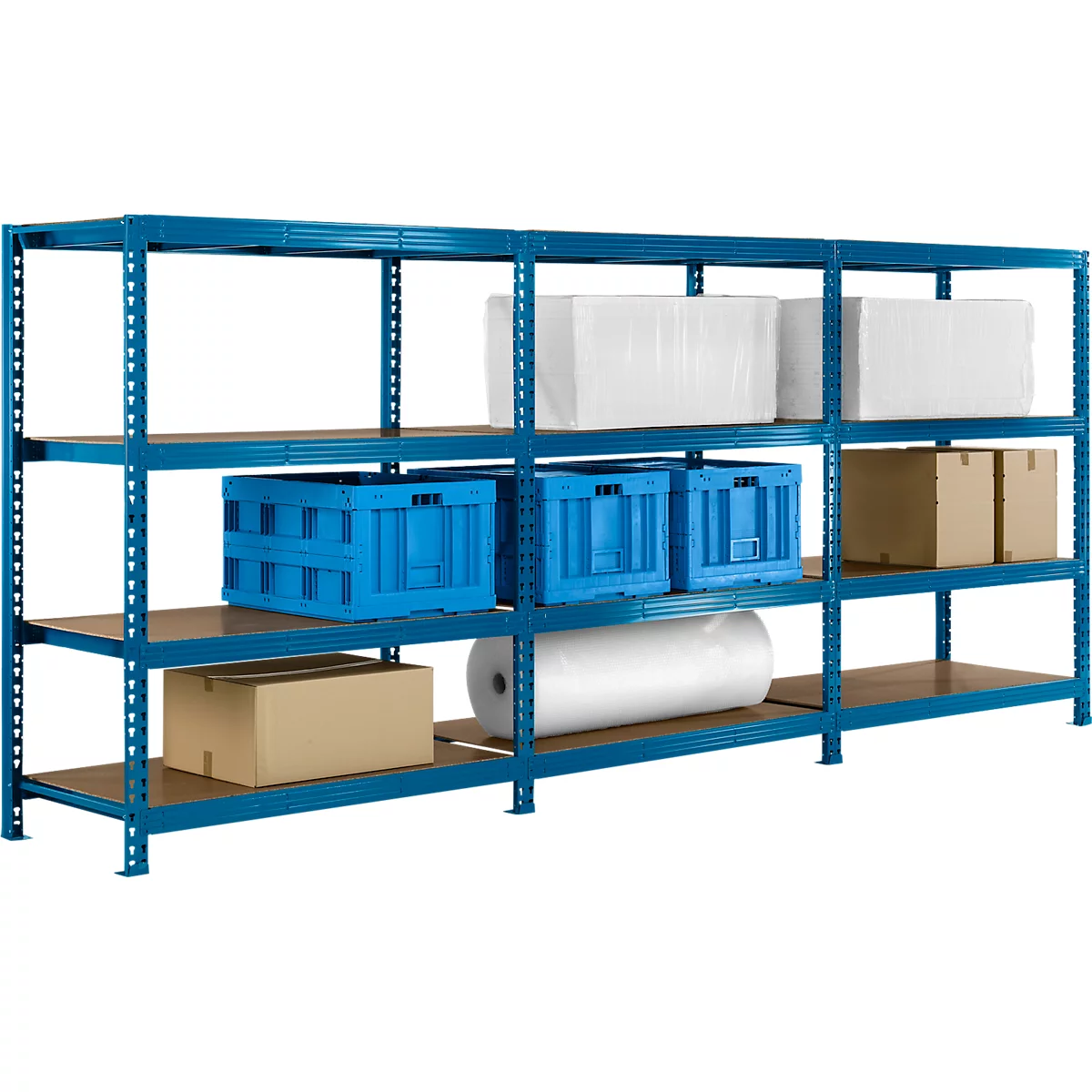 Compleet aanbod lange draagarmstellingen 600, B 4650 x D 800 x H 2000 mm, 1 startvak, 2 opzetvakken &amp; 12 legborden, staal, hemelsblauw RAL 5015