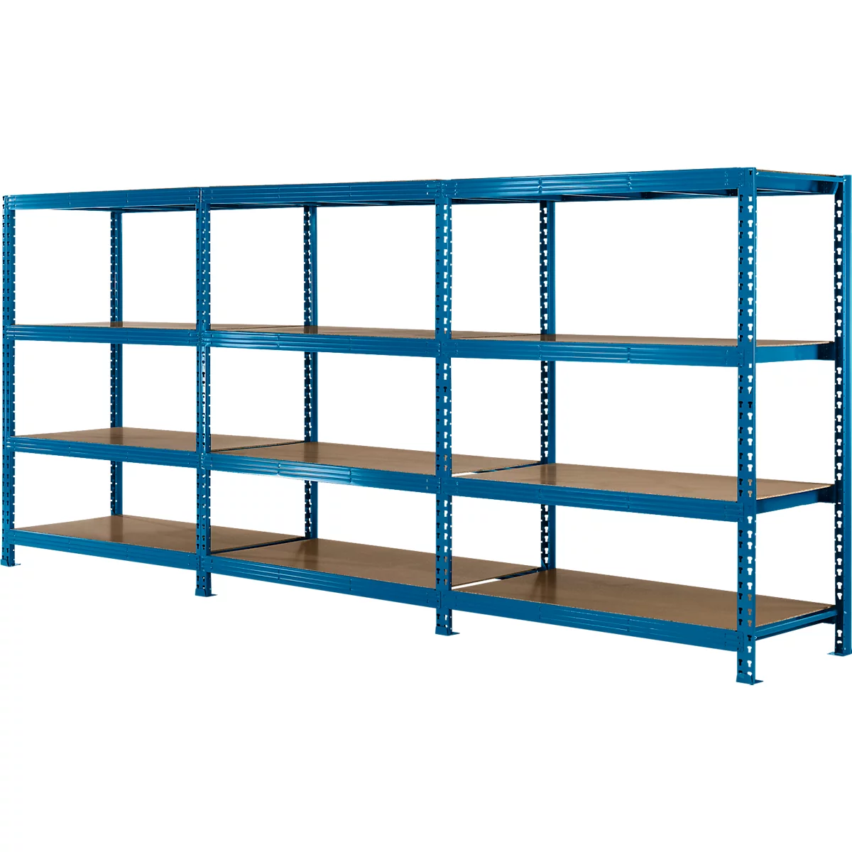 Compleet aanbod longspan rekken zonder schroeven 600, B 4650 x D 600 x H 2400 mm, 1 startvak, 2 opzetvakken &amp; 12 legborden, staal, hemelsblauw RAL 5015