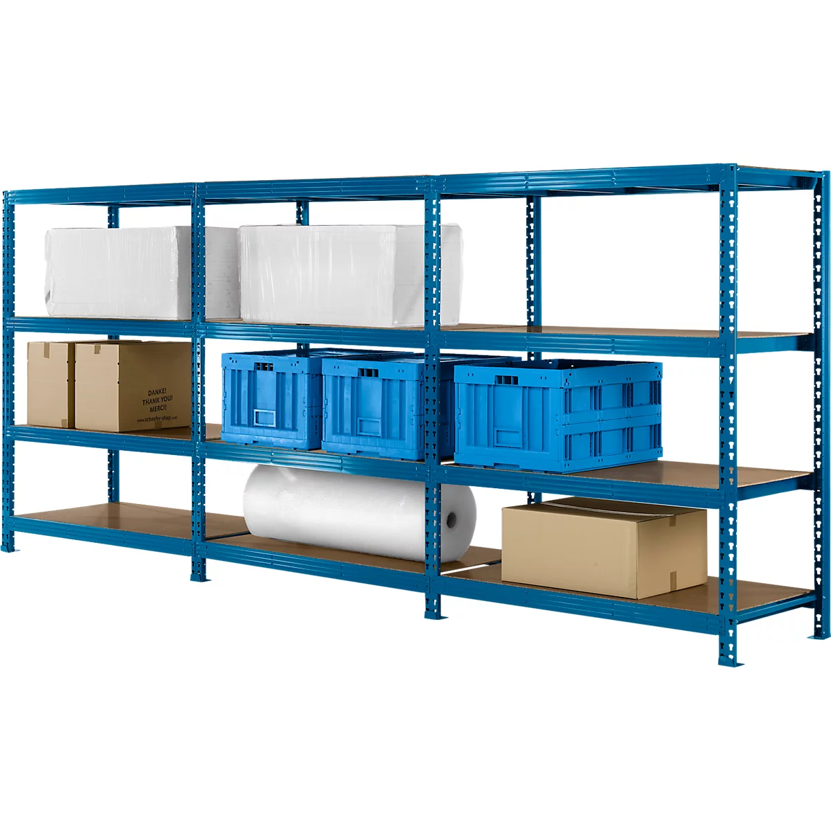 Compleet aanbod longspan rekken zonder schroeven 600, B 4650 x D 600 x H 2400 mm, 1 startvak, 2 opzetvakken &amp; 12 legborden, staal, hemelsblauw RAL 5015