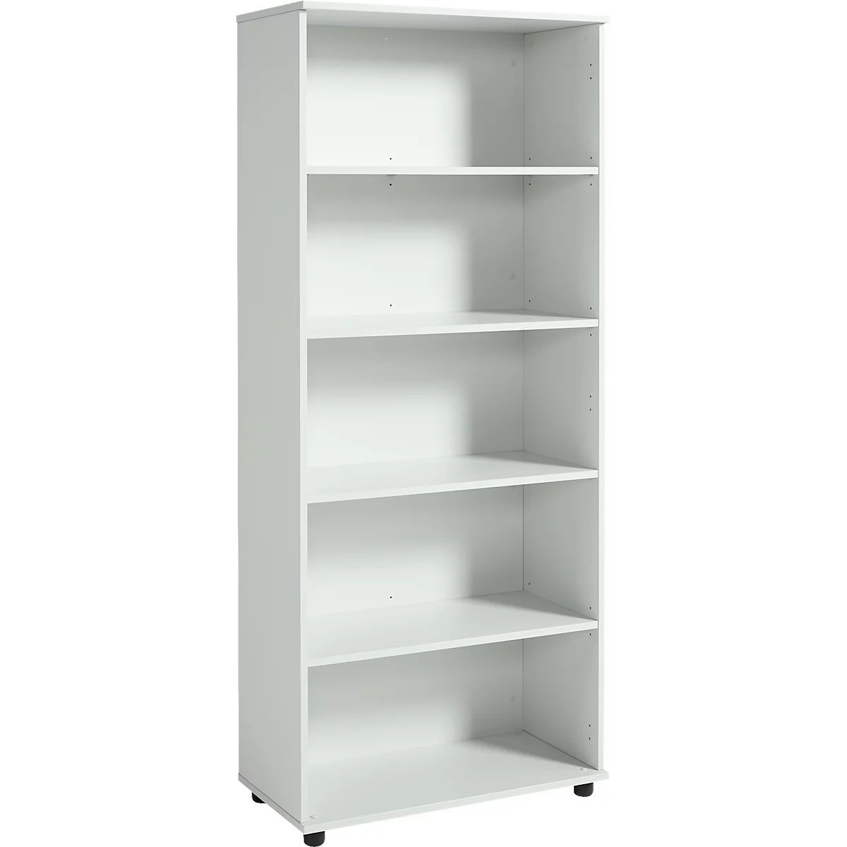 Witte boekenplank met vijf planken, staand op kleine wieltjes.