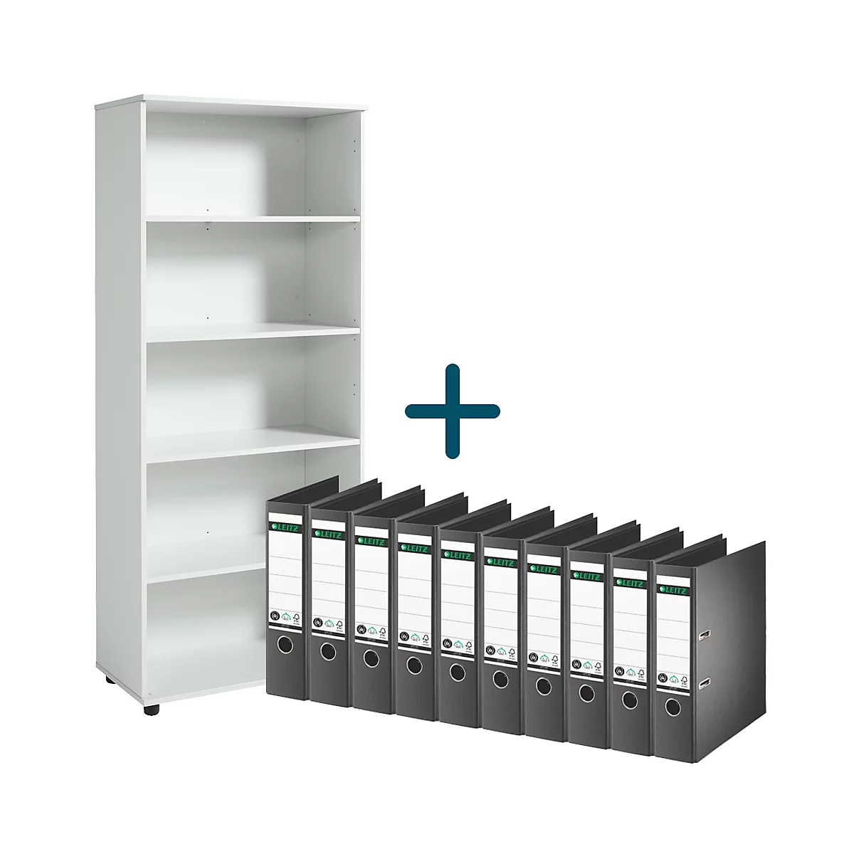 Witte boekenkast met grijze mappen. Het plusteken in blauw duidt op een combinatie.