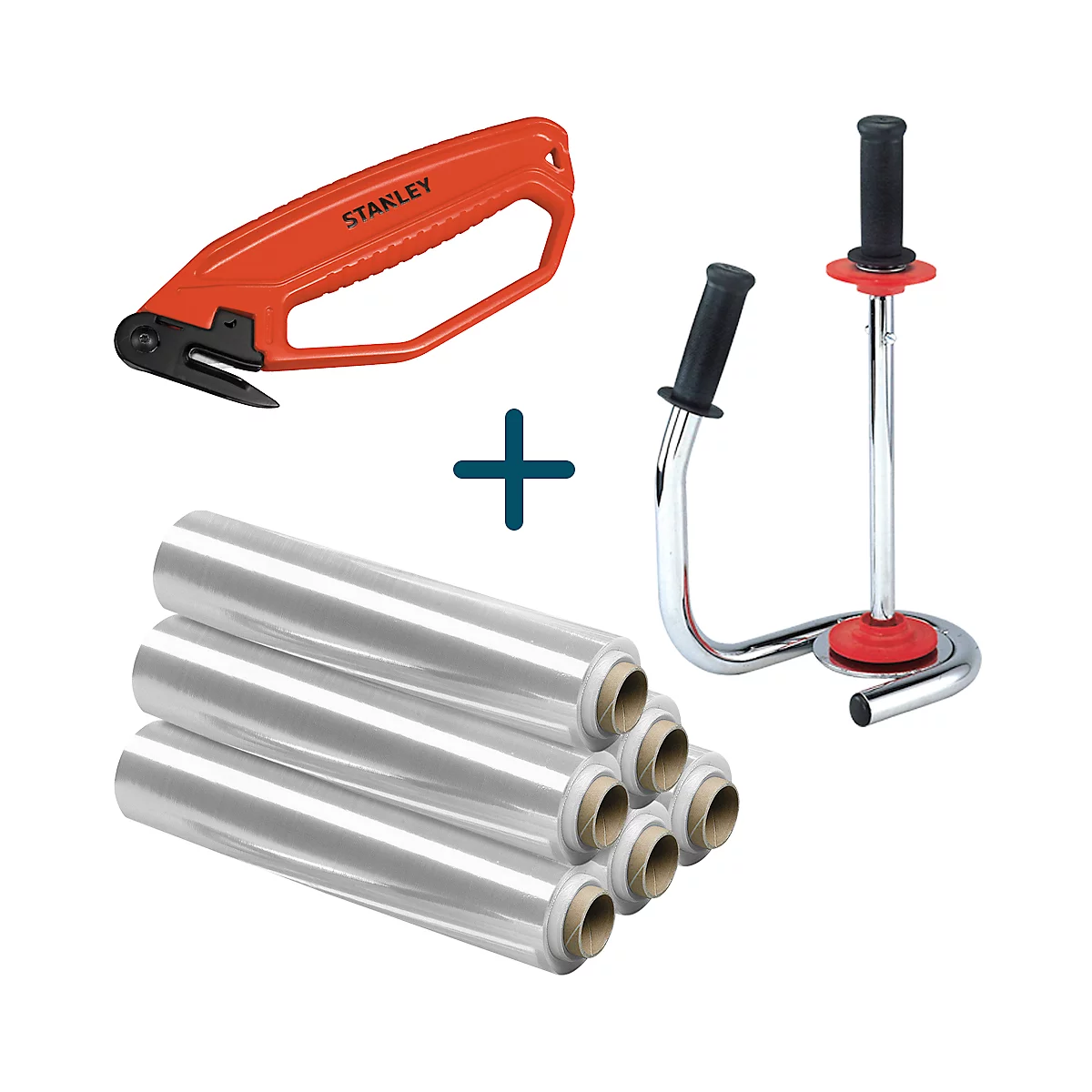 Oranje Stanley cutter, rollen stretchfolie, handdispenser. De apparatuur voor verpakking wordt getoond.