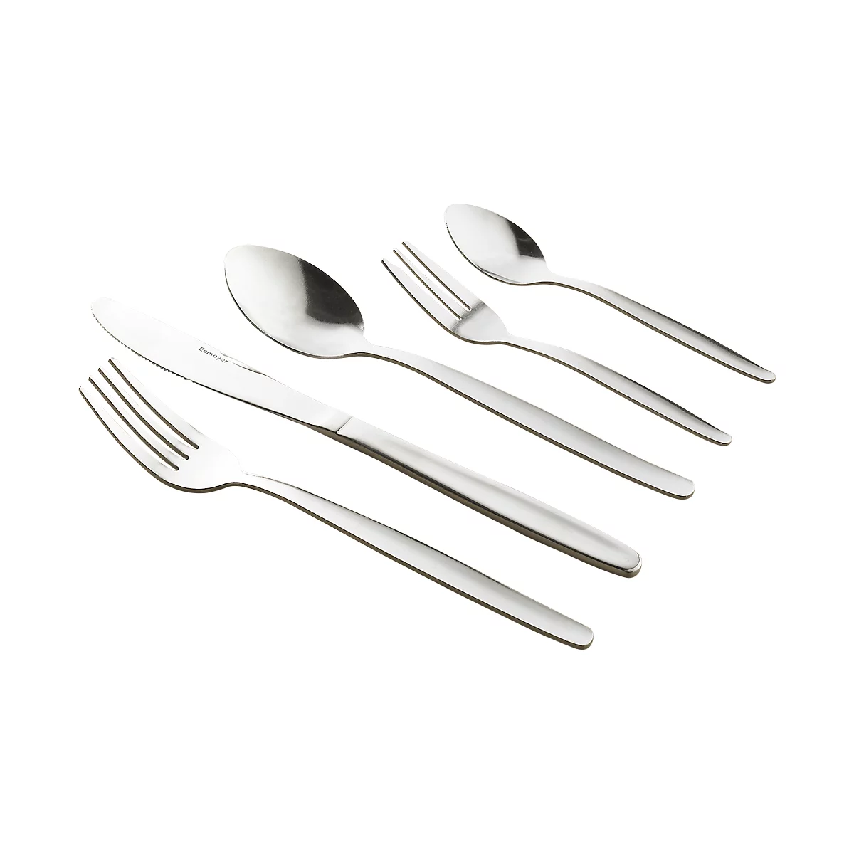 Five silver cutlery pieces: knife, fork, spoon; arranged on a white background.