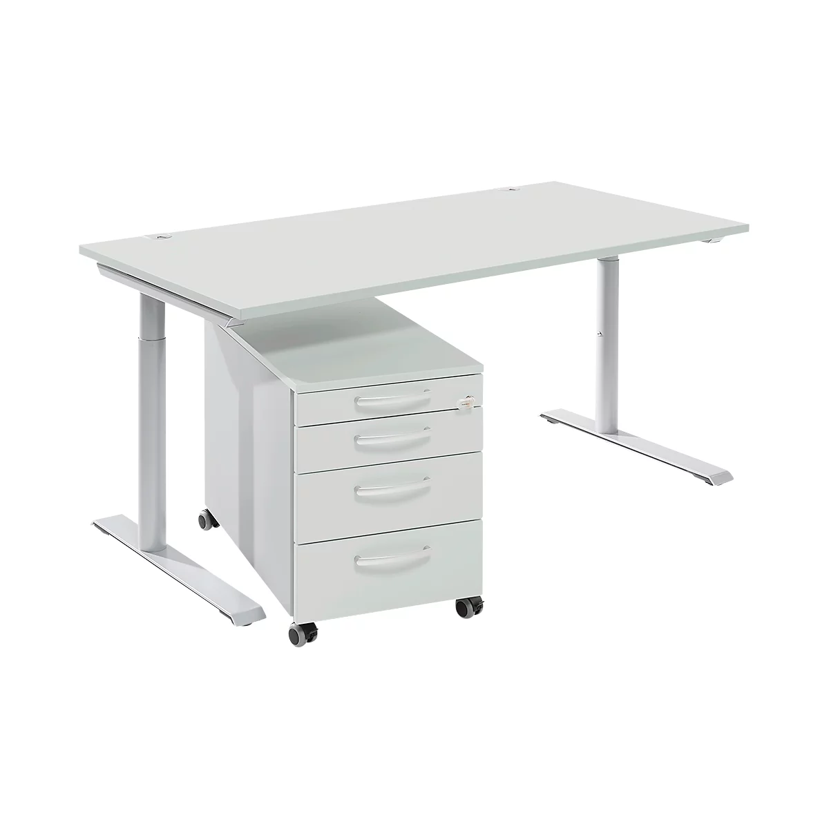 Complete meubelset Modena Flex, bureautafel B 1600 mm, in hoogte verstelbaar en verrijdbaar ladeblok, lichtgrijs 