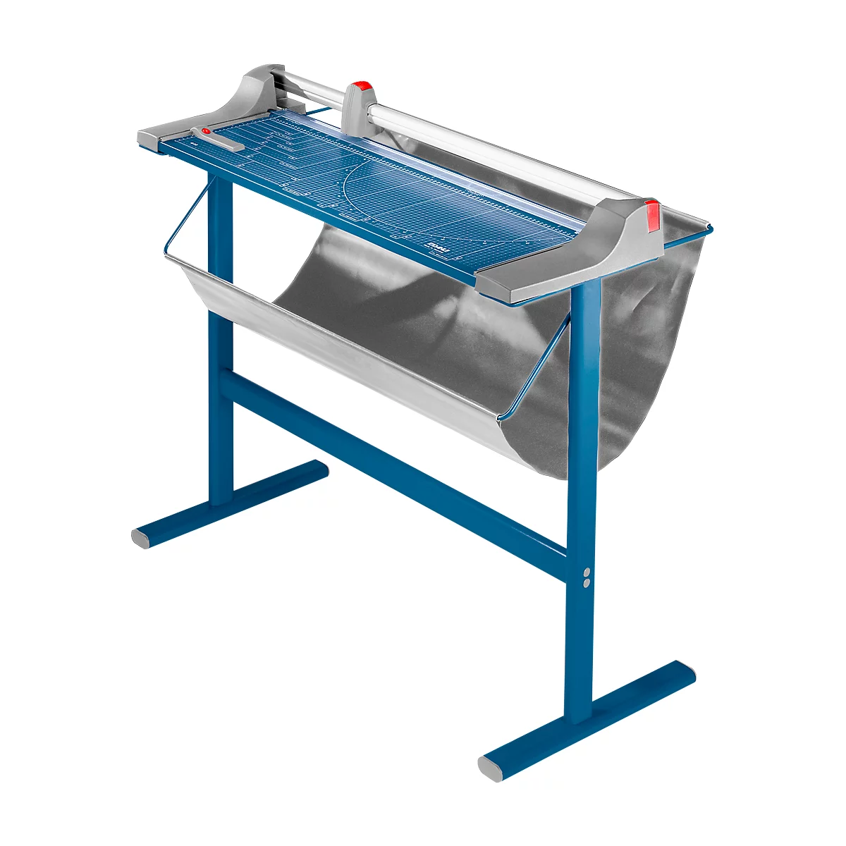 Blue paper cutter with a collecting tray.