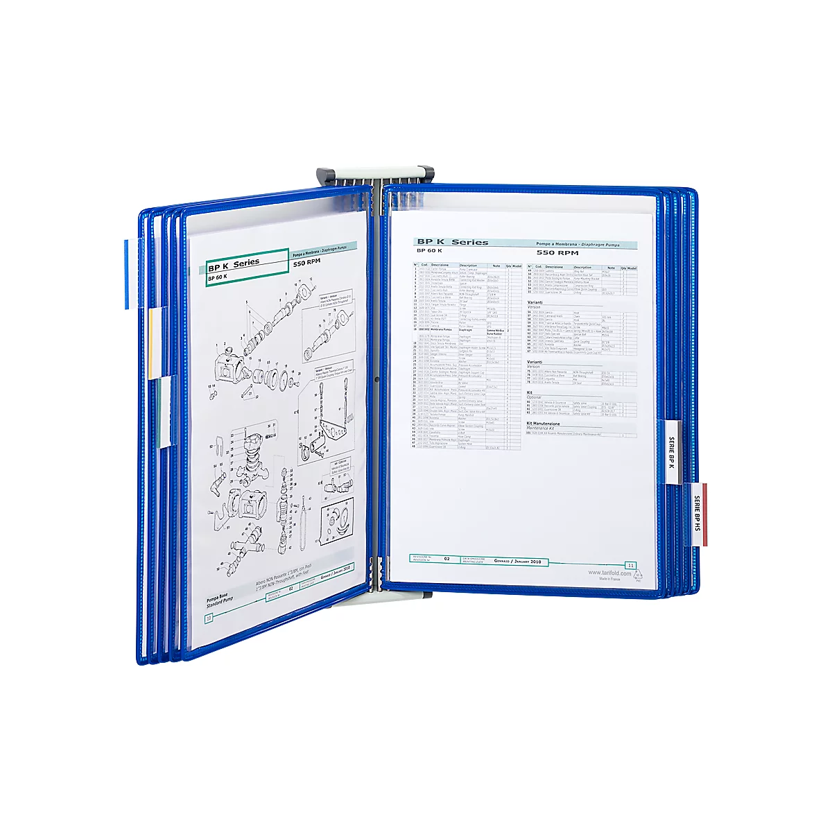 Blue document presentation system with open pages containing diagrams and tables, labeled "BP K. Series".