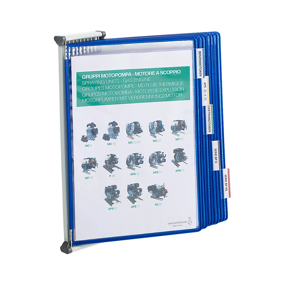 Blue wall-mounted brochure holder with white tabs referring to engines. Product information and illustrations are inside the brochure holder.