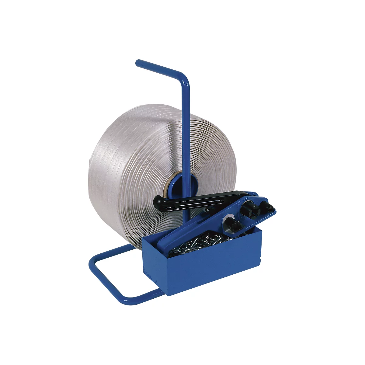 A blue stand holding a roll of white strapping and a toolbox.