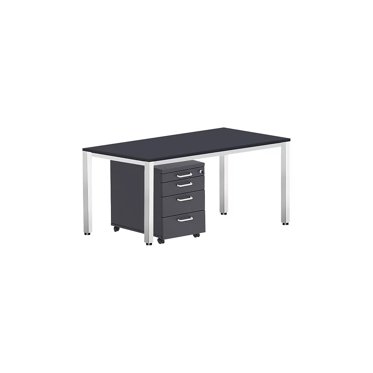 Desk with dark table top, gray drawer cabinet, and silver legs. Angled perspective.