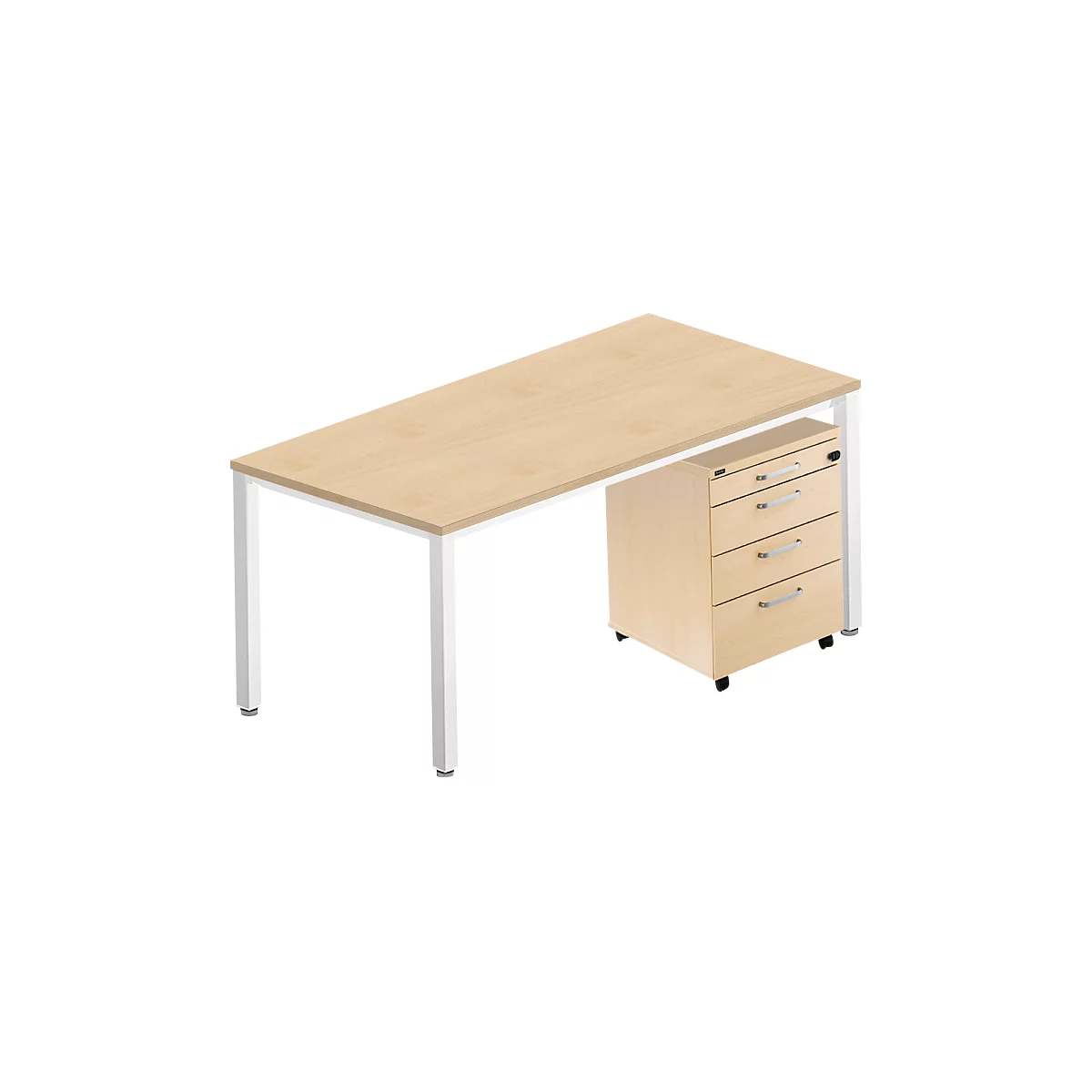A modern desk with a light brown tabletop and white metal legs. A cabinet with drawers on wheels.