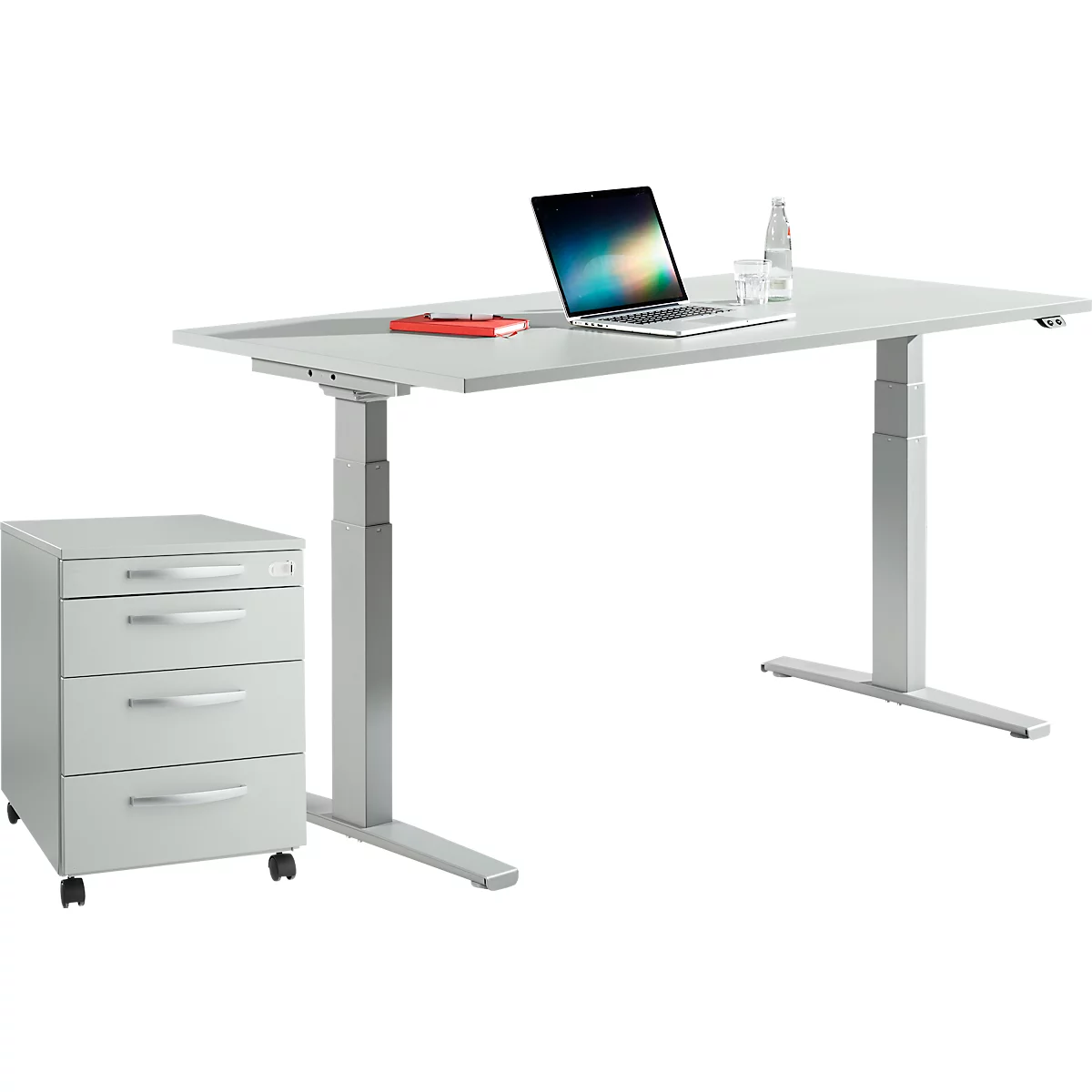 Complete set Bureau LOGIN - elektrisch in hoogte verstelbaar B 1600 x D 800 x H 645-1290 mm + verrijdbare ladeblok - lichtgrijs - ons merk Schäfer Shop Select