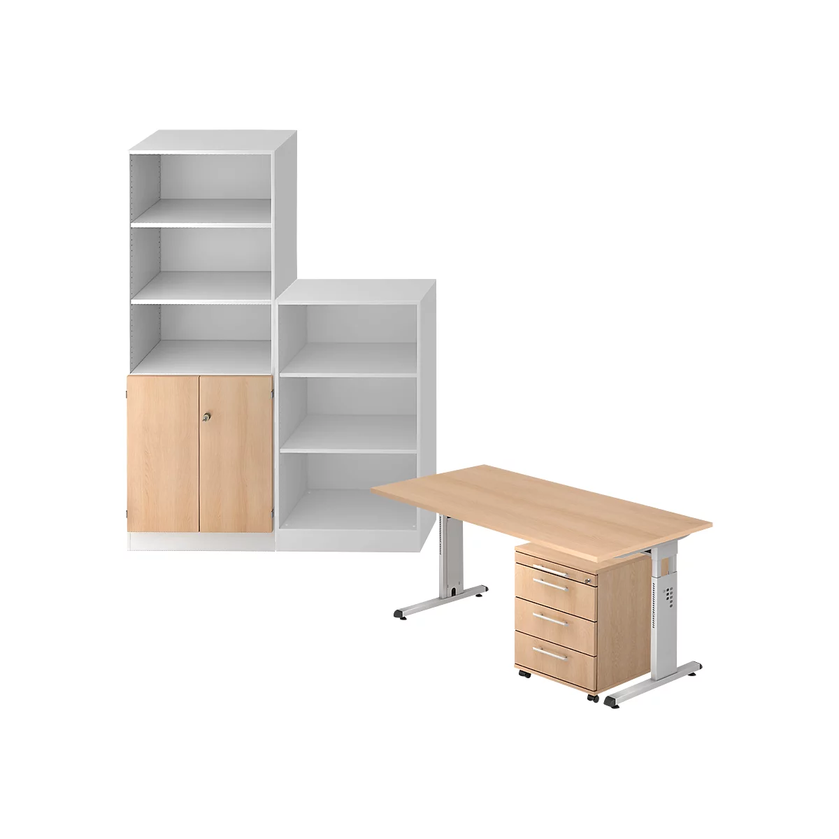 Office furniture: wall unit and desk. Cabinet with shelves and doors. Desk with drawers.