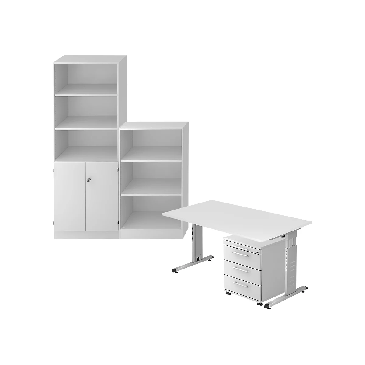 White office furniture set: cabinet with doors and shelves, height-adjustable desk with drawers.