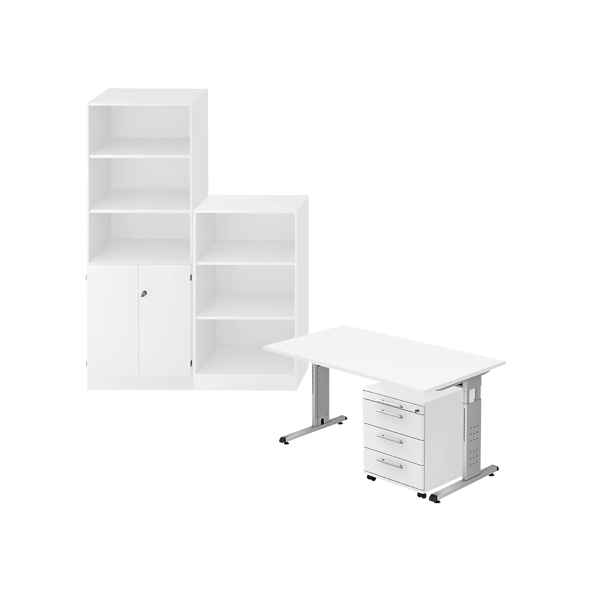 White office set, consisting of a wall unit with cupboard and shelves, and a desk with mobile pedestal.