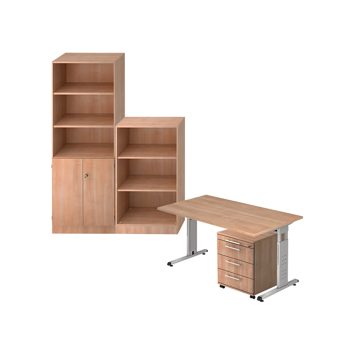 Office furniture: wooden cabinet with shelf and door, desk with drawers. Light wood colors.