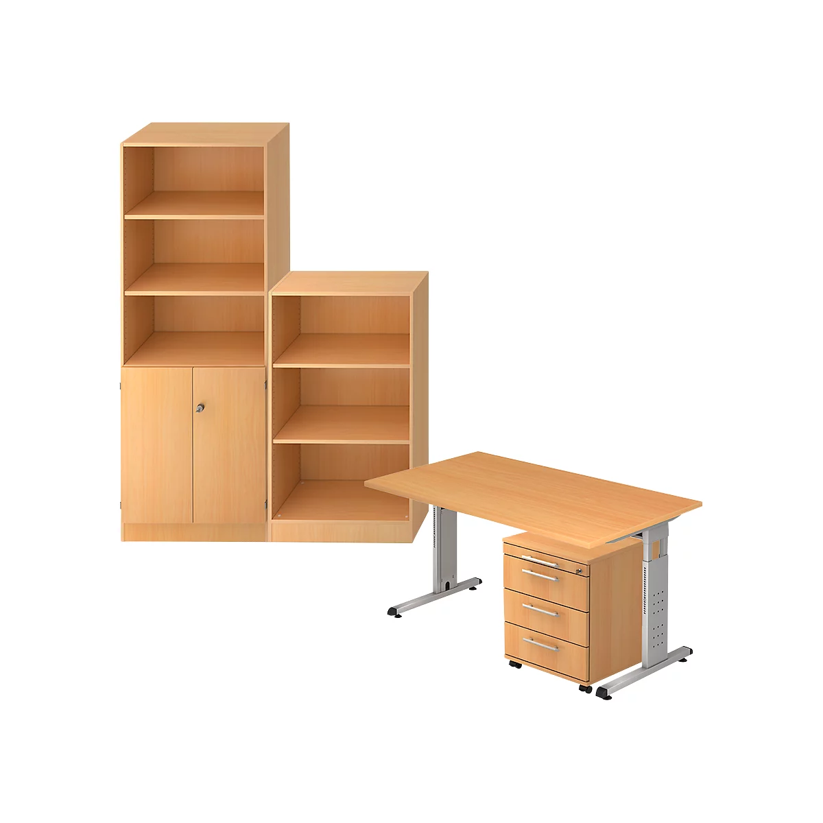 Office furniture: a wall unit and height-adjustable desk made of light wood. The wall unit has doors and shelves. The desk has drawers.