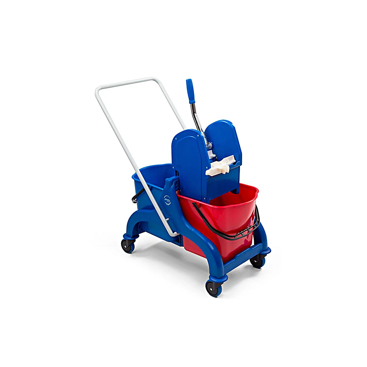 Blue and red mop bucket cart with handle and wheels. A white handle is attached at the top.