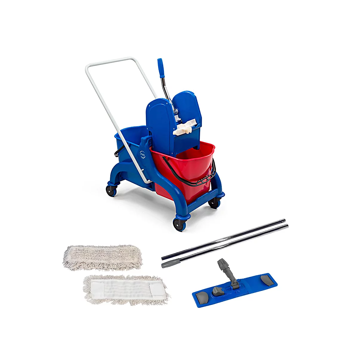 Blue and red mop with bucket and accessories on a white background.
