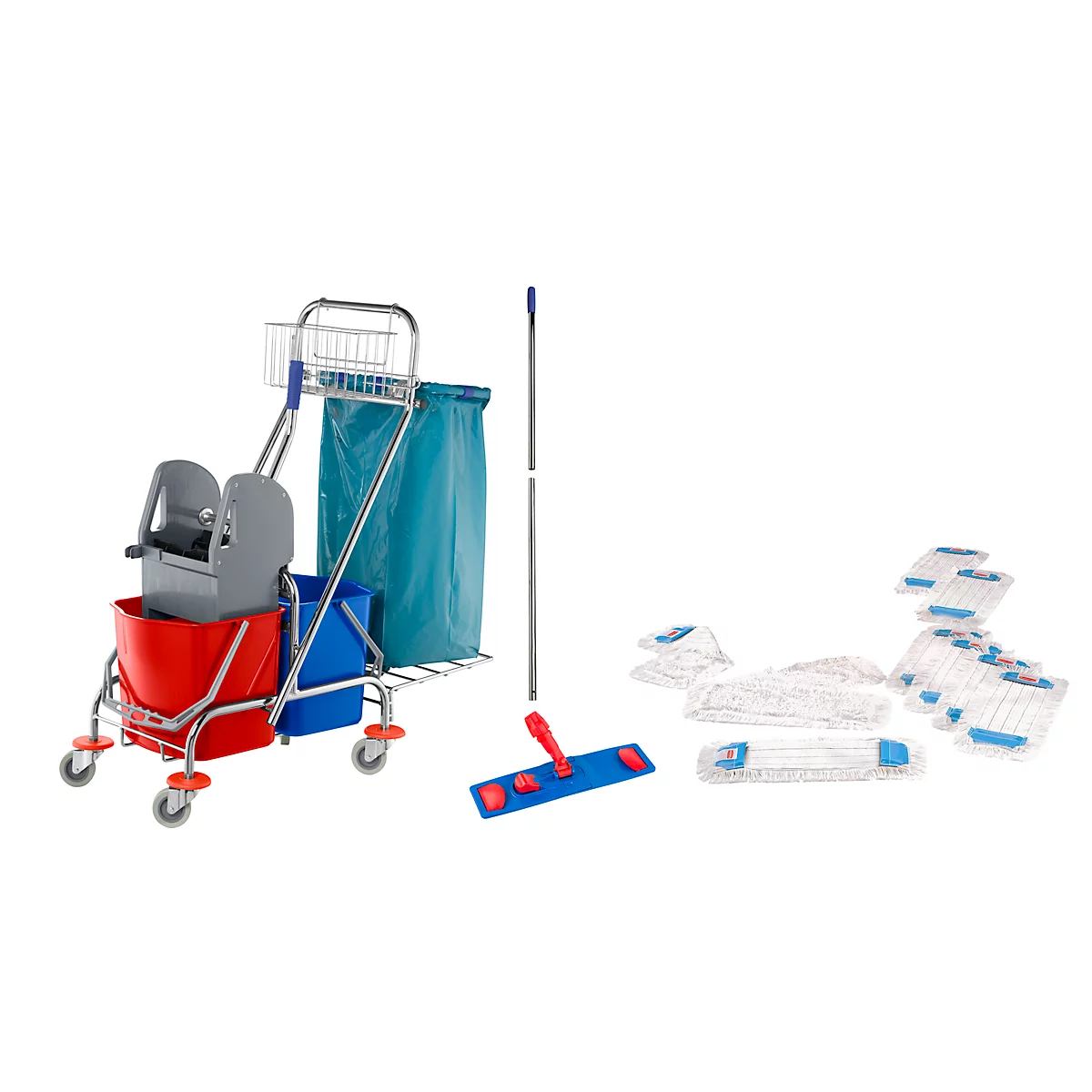 Complete set dubbele emmerwagen, 2 x emmer 17 l, Kunststof pers, 10 mopdoeken 
