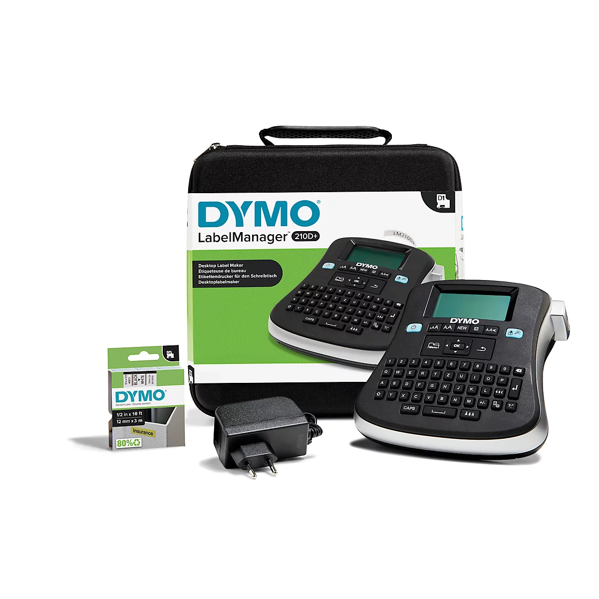 Photo shows a DYMO LabelManager 210D+ label maker set. It includes two label makers, label rolls, a power adapter, and a carrying case.