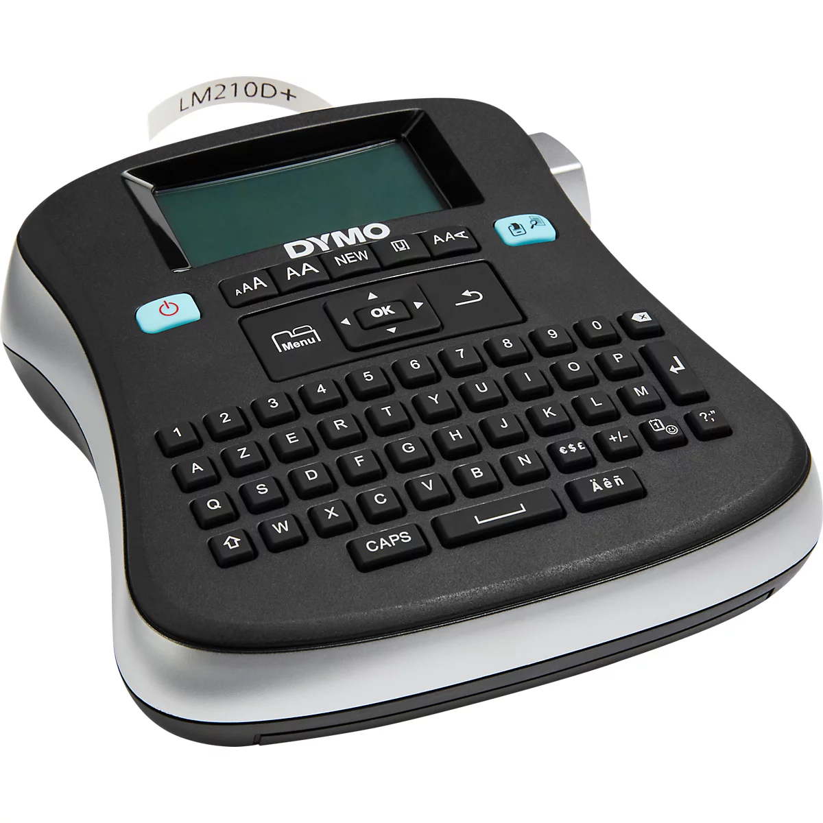 Black Dymo label maker with display and keyboard. Printed text: LM210D+.