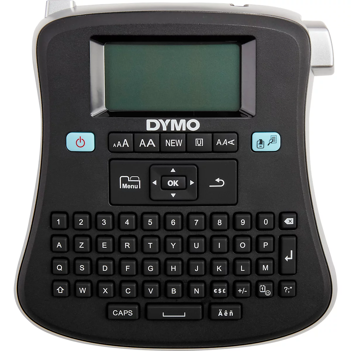 Black Dymo label maker with a display and keyboard. The keyboard has letters, numbers, and symbols.