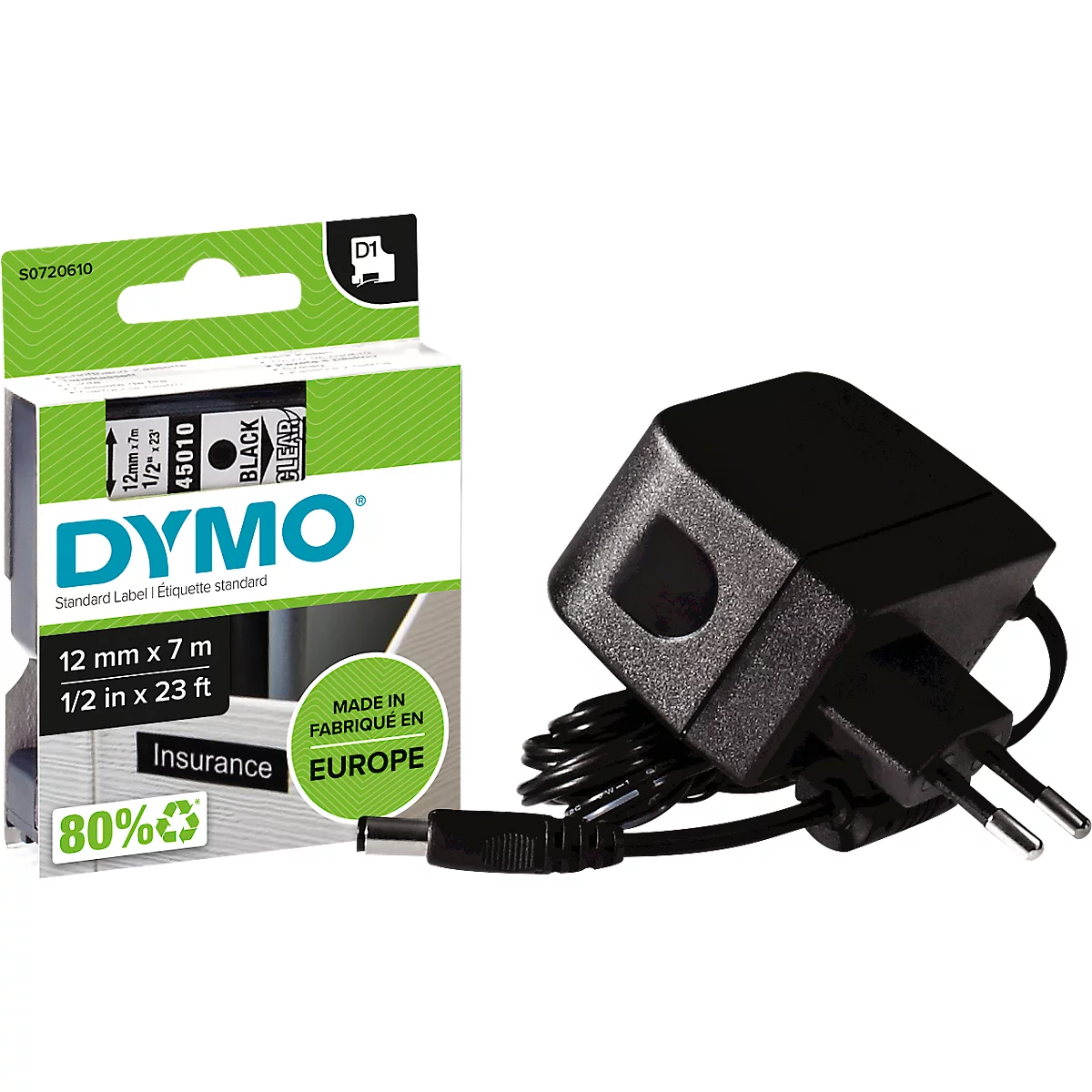 The image shows a DYMO label tape and a black power supply unit. Product information is shown on the label tape. The power supply has a plug.