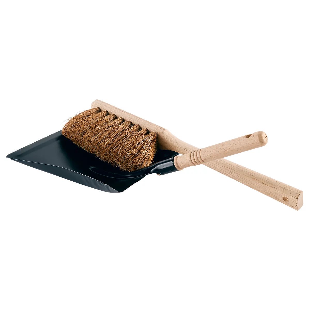 Dustpan with black scoop, brown brush and wooden handle.