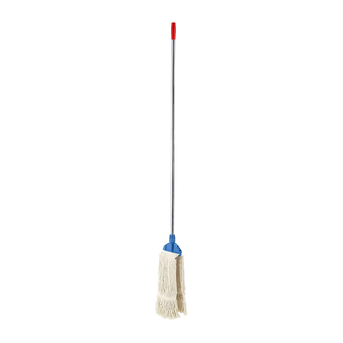 A white mop with a red handle, blue element and white mop cloth.