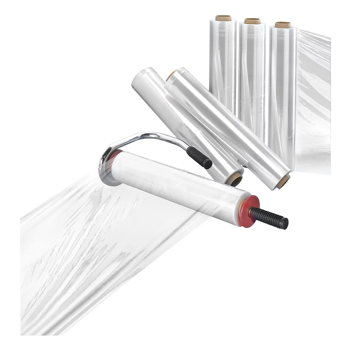 Clear plastic wrap dispenser with handle and multiple rolls. Film is unrolled.