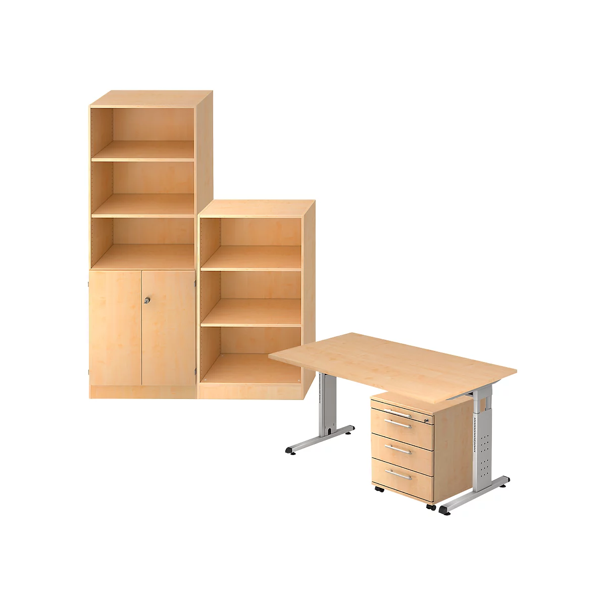 Wooden office furniture set: wall unit with cupboard and shelves, height-adjustable desk with drawers. Wood grain visible.