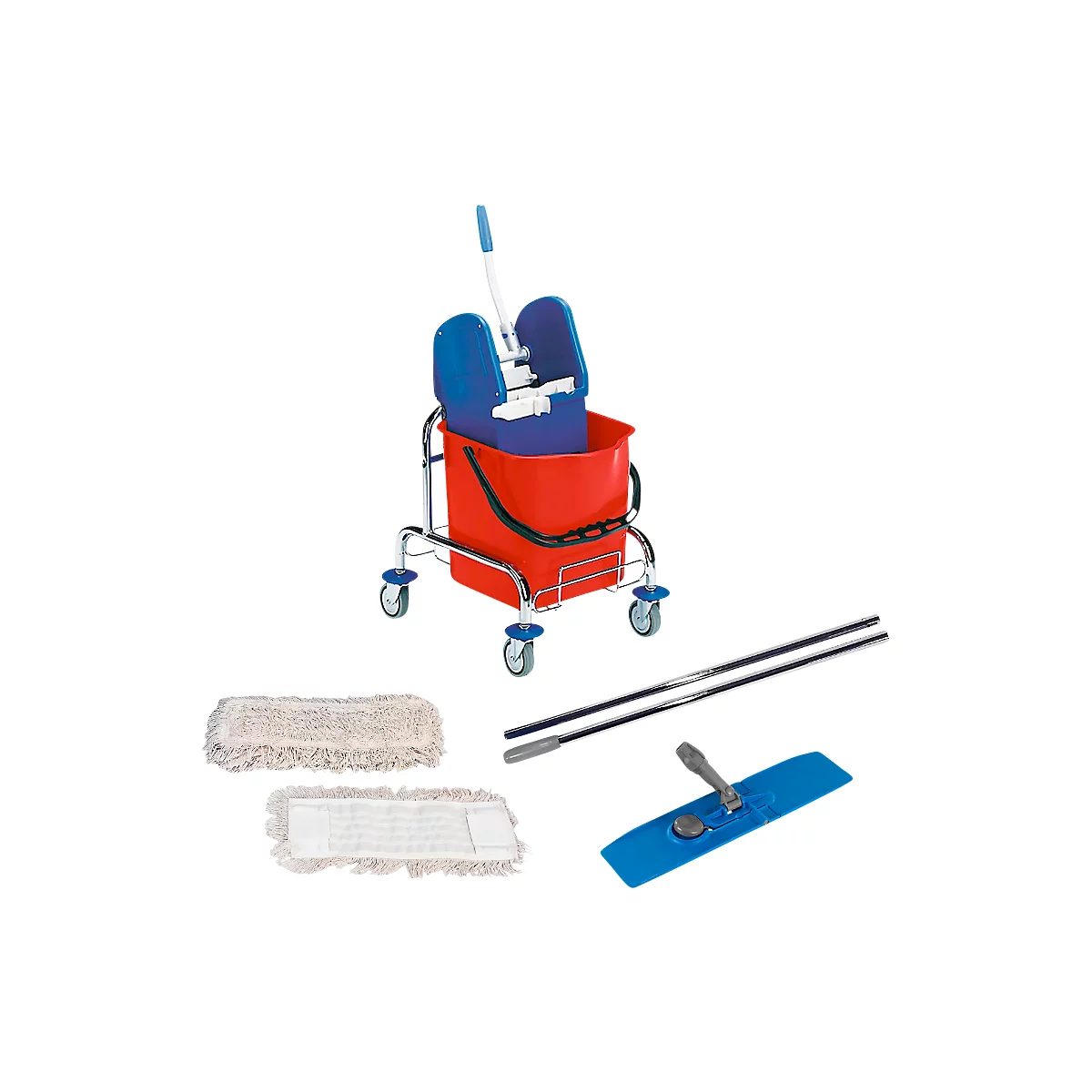 A red bucket on wheels with a blue wringer. Also two mops, handles and cloths.