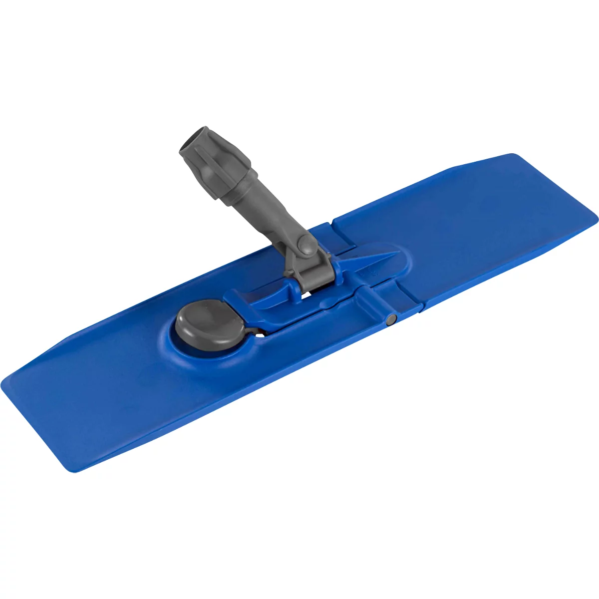 A blue mop holder with a gray joint and handle, against a white background.